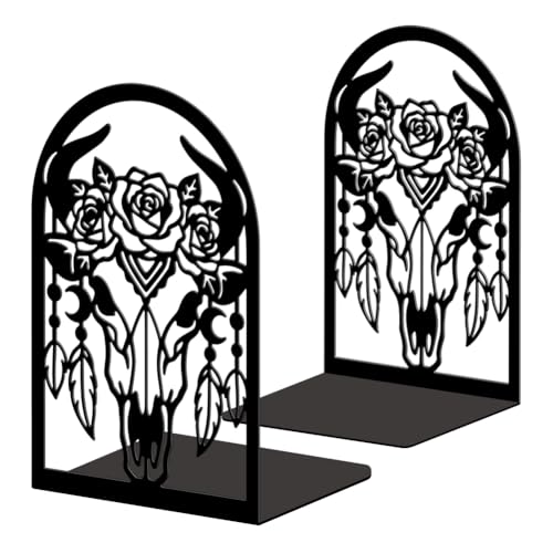 Peacoblue 5.3"x4.3"x7.9" Metal Bookends, Heavy Duty Book Ends for Shelves - style: Bohemia Bull Skull with Feathers