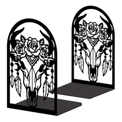 Peacoblue 5.3"x4.3"x7.9" Metal Bookends, Heavy Duty Book Ends for Shelves - style: Bohemia Bull Skull with Feathers