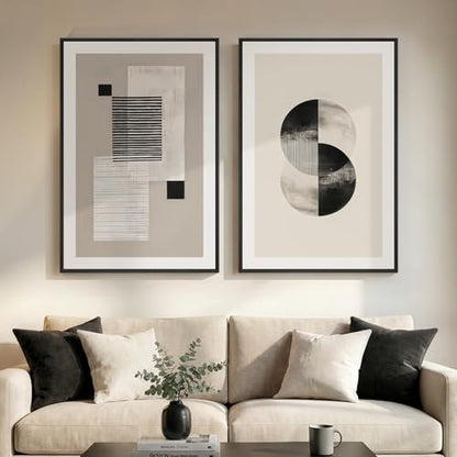 Large Framed Neutral Abstract Wall Art for Living Room Set of 2, 24x36 In - color: Black white Geometry, size: 24" W x 36" H x 2Pcs