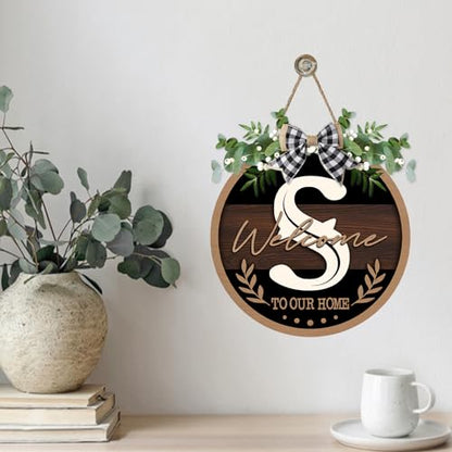 Monogram Letter S Front Door Sign, Welcome to Our Home Family Last - color: S