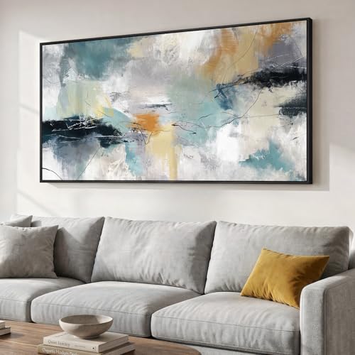 Large Framed Gray Teal Abstract Wall Art for Living Room, Horizontal 30x60 - color: Grey Teal, size: 60"L x 30"W