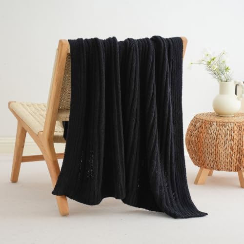 Battilo Black Throw Blanket for Couch, Soft Chenille Throw Blanket, 50"x60" - color: Black, size: 50"x60"