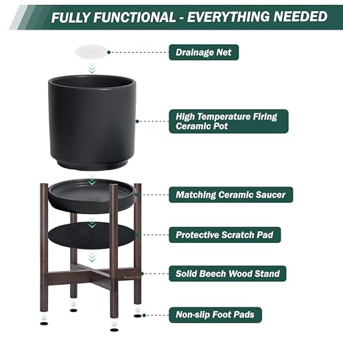 D'vine Dev Ceramic Pot with Walnut Wood Stand, Black, 8 in, 55-B-Y-2 - color: Black Pot + Walnut Color Stand, size: 8 Inch