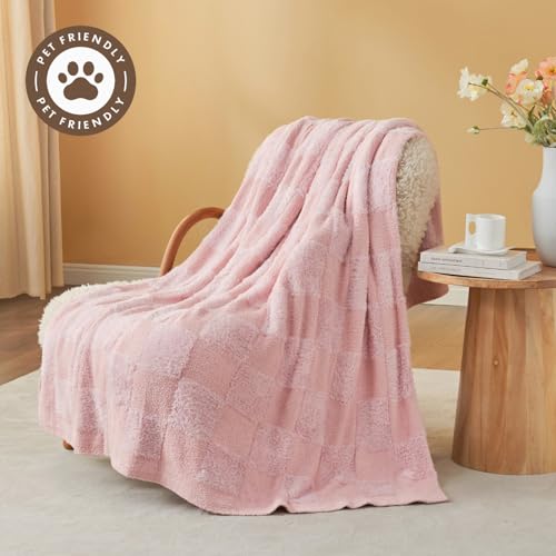 Snuggle Sac Faux Fur Pink Checkered Blanket Twin Size with Soft Knitted Microfiber Fabric,Cozy Soft Warm Blanket for Sofa Bedroom Living Room,Solid Pink,60x80 inches - color: Solid Pink, size: Twin(60"x80")