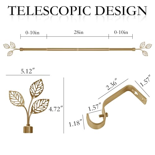 RYB HOME Small Gold Curtain Rod, 1 Inch Heavy Duty Adjustable Leaf Finials - color: Gold, size: 28-48"