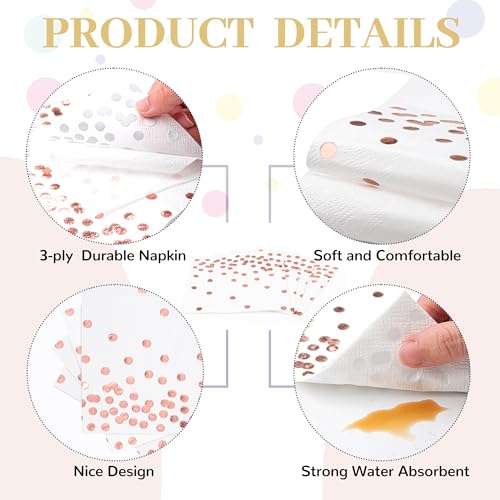 80 Pack of White Paper Cocktail Napkins with Gold Foil Polka Dot Confetti，Polka Dot Party Supplies(5 x 5 in，3-ply) (Rose Gold) - style: Pink Dot