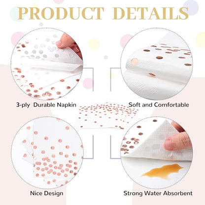 80 Pack of White Paper Cocktail Napkins with Gold Foil Polka Dot Confetti，Polka Dot Party Supplies(5 x 5 in，3-ply) (Rose Gold) - style: Pink Dot