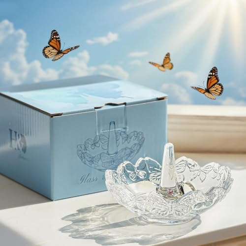 4" Crystal Ring Holder Dish, Glass Jewelry Tray, Decorative Trinket Tray - color: Clear,butterfly