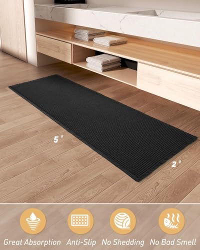 Upgraded Waffle Bath Mat Runner Absorbent Non Slip Bathroom Mat, 2' x 5' - color: Black, size: 2' x 5'