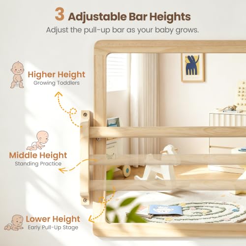 Montessori Mirror with Pull Up Bar, 23.6 x 15.7 in Natural Wood Frame & Shatter-Resistant Acrylic Baby Mirror for Floor and Wall, Tummy Time and Pull-to-Stand Practice - size: 23.6 x 15.7 inches
