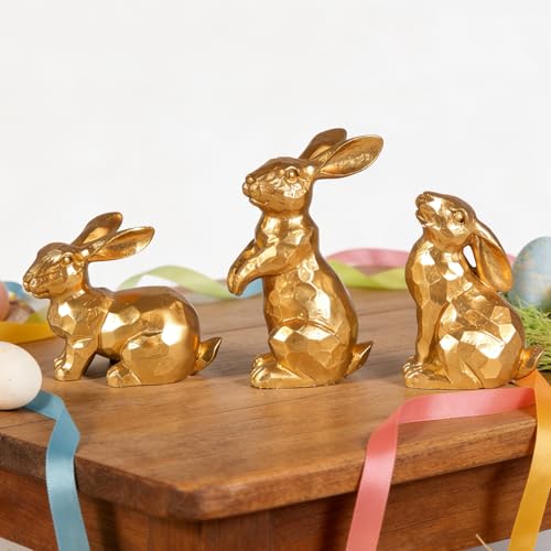 Easter Bunny Decorations,Vintage Gold Rabbit Figurine, Small Resin Bunnies for Home Spring Farmhouse Decor (Gold Faceted-3PCS) - size: Small Gold 3pcs