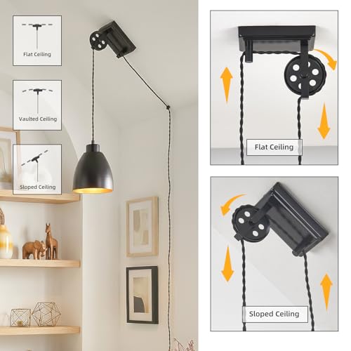 8FT Plug in Wall Sconces Pulley Wall Lamps, Black - color: Black