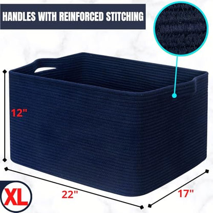 MINTWOOD Design 22in Extra Large Blanket Basket Holder Living Room, Rectangle Rope Woven Storage Basket with Handles for Laundry, Pool Towels, and Shoes, Dog Toy Organizer Bin Box, Full Navy - color: Full Navy Blue