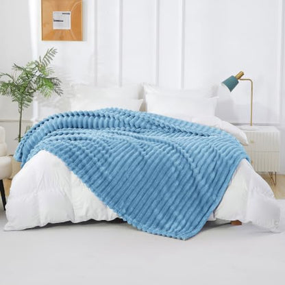 Taliska Ribbed Fleece Throw Blanket for Couch, Light Blue, 50"x60" - color: Light Blue, size: Throw(50"x60")