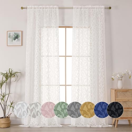 OWENIE Leyna Ivory Sheer Curtains 90 Inches Long for Bedroom 2 Panels Set, Light Filtering Jacquard Clip Textured Long Semi Living Room Curtains, Airy Leaves Rod Pocket Farmhouse Drapery, 40Wx90L Inch - color: Ivory, size: 40"W x 90"L (Pack of 2)