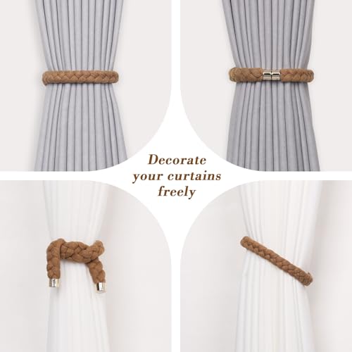NICEEC 4 Pack Natural Cotton Rope Magnetic Curtain Tiebacks Elegant Twisted Braid Style Drape Tie Backs Soft Hand-Woven Rope Curtain Holdbacks for Home & Office Window Draperies (Khaki-02) - color: Khaki-02, size: 4 Pack