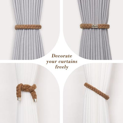 NICEEC 4 Pack Natural Cotton Rope Magnetic Curtain Tiebacks Elegant Twisted Braid Style Drape Tie Backs Soft Hand-Woven Rope Curtain Holdbacks for Home & Office Window Draperies (Khaki-02) - color: Khaki-02, size: 4 Pack