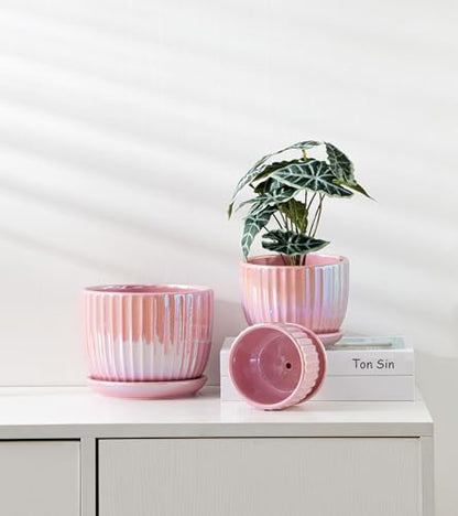 Pink Plant Pots，Ceramic Planters with Drainage Holes and Saucers Set of 3 - color: Pink