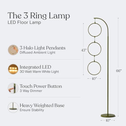 Brightech 3 Ring Lamp - 74" Dimmable LED Floor Lamp with 3 Hanging Light Rings, Modern Arc Standing Tree Lamp for Living Room, Bedroom and Office, 30W Warm White LED - Olive Green - color: Green