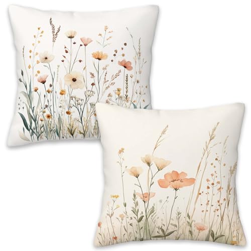 Wildflower Throw Pillow Covers 18x18 Set of 2, Watercolor Floral Decorative Pillow Cases for Couch Sofa Bed Living Room Bedroom Spring Summer Home Decor - color: Vintage Wildflower
