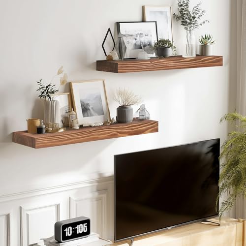 Solid Wood Floating Shelves, 17 Inch Wall Shelves, Set of 2, Brown - color: Brown, size: 17x8x1.6
