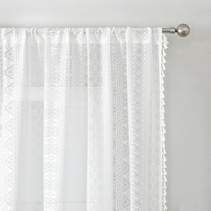 White Boho Sheer Lace Window Curtains with Tassel, 40" Wx63 Lx2 - color: White, size: 40"W x 63"L (Pack of 2)