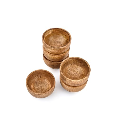 Bowl Set Mango Wood Round Wooden Serving Bowls for Dips, Sauces, Nuts, Spices - Mini Decorative Dishes (3" x 3" x 2") (Set of 6)