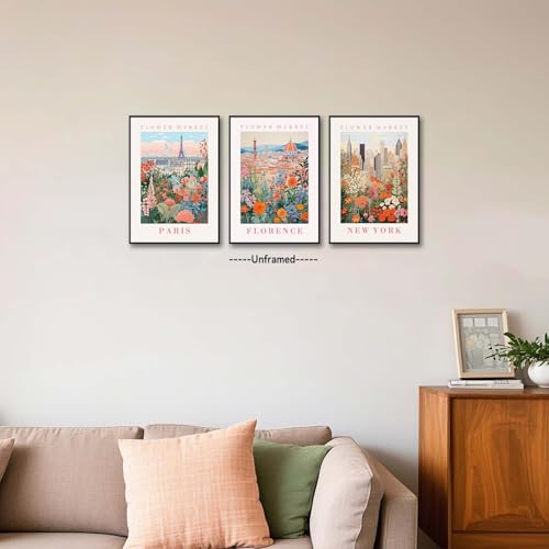 XLARTMY Flower Market Wall Art Prints Canvas Orange and Pink Floral Paintings Colorful Botanical Travel Flower Posters for Home Decor Pictures Set of 3 for Living Room Bedroom 16x24in Unframed - color: Flower Market ORange-1, size: 16x24in Poster