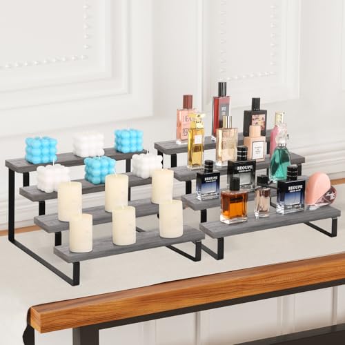 YINMIT Wooden Display Riser Stand, Tiered Perfume and Cologne Organizer Stand, 4 Tier Spice Rack Organizer, Rustic Display Shelf for Candles (4 Tier,2Pack,Grey) - color: 4 Tier,2 Pack,Grey