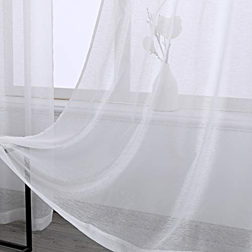 DONREN 72 Inches Long White Voile Curtains for Living Room Set of 2 Solid Textured Sheer Panels with Ring Top - color: White, size: 52"W x 72"L (Pack of 2)