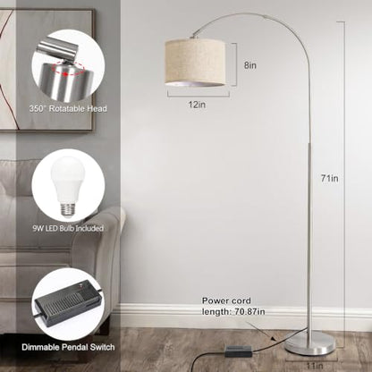 Arc Floor Lamp, Dimmable Floor Lamp with Adjustable Hanging Shade, Silver - color: Silver