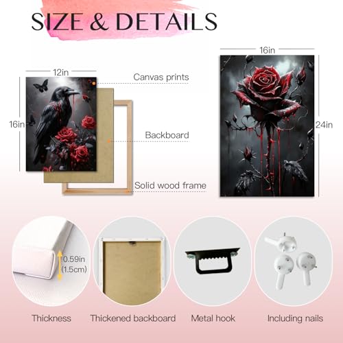Hianan Wrapped Canvas Dark Goth Crow Rose Skull Wall Art Set of 3, 16x24 in - color: Black-Red, size: 24"L x 16"W