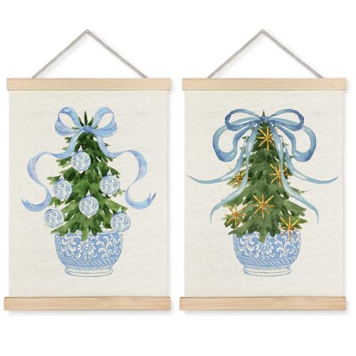 Exqcom Blue Chinoiserie Christmas Tree Wall Decor Set of 2, Coquette Blue Bow Preppy Christmas Wall Art Poster, Grand Millenial Holiday Xmas Posters for Girls Room Dorm Apartment, 12x16 Inches - color: Christmas-Wall Decor-N