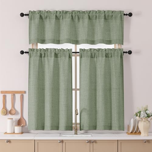 Chyhomenyc Green Valance for Windows, Light Filtering Faux Linen Slub Textured Small Kitchen Valance, Rod Pocket Top Window Short Curtain for Bathroom Basement Farmhouse, 60Wx14L Inch - color: Green, size: 60"W x 14"L (Pack of 1)