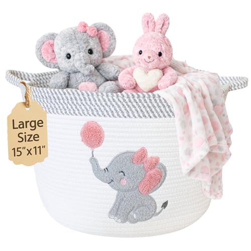 Elephant Baby Storage Basket for Girls, Cotton Rope Nursery Bin, 15x11 in - color: Girl Elephant