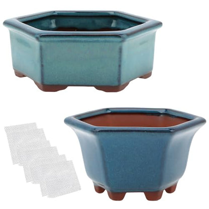 Bonsai Planter 2pc Small Succulent Glazed Pots 4.9" and 6.1" + 6 Soft Mesh Drainage Screens - style: Style B&D1