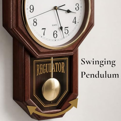 Pendulum Wall Clock, Real Wood Regulator Clock, Quiet, Non-Chiming, Wooden - color: Dark Wood