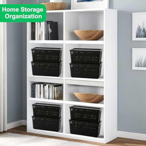 6 Pack Plastic Storage Baskets with Lid,Black Stackable Bins - color: Black