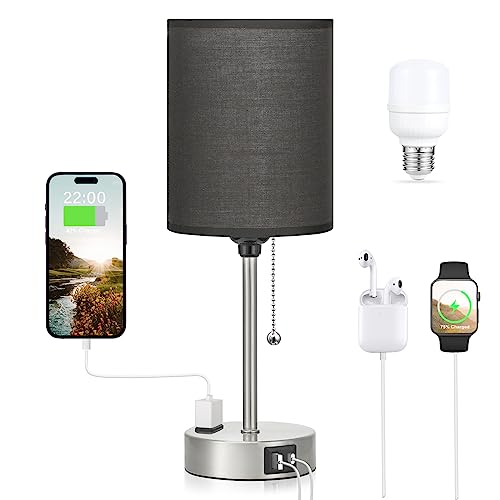 Small Bedside Table Lamp for Bedroom - Desk Lamp with USB Ports for Dorm - color: Black-Silver, size: 14.6 in