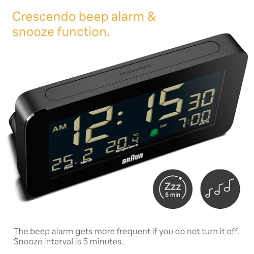 Braun Digital Alarm Clock with Date, Month and Temperature Displayed, Negative LCD Display, Quick Set, Crescendo Beep Alarm in Black, Model BC10B (1-Pack) - color: Black