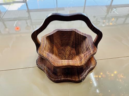 Handmade 14″ Collapsible Wooden Basket, Single Bowl Flower Design in Himalayan Rosewood, Fruit Basket, Bread Bowl & Trivet, Folds Flat for Easy Storage – Unique Centerpiece & Gift