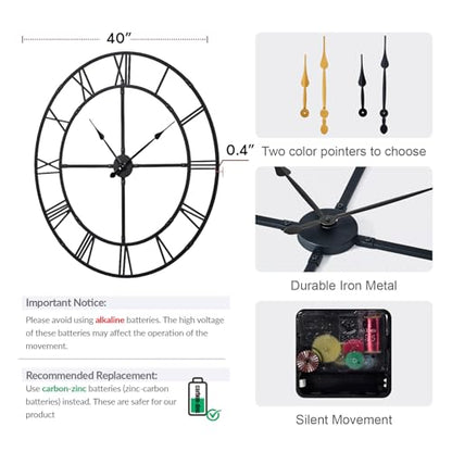 40 Inch Large Silent Wall Clock, Easy Assembly Roman Numeral Black - color: Black Metal Wall Clock, size: 40inch