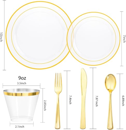 bUCLA 150Pcs Clear Gold Plastic Dinnerware Set - Clear and Gold Disposable Plates Include 25 Dinner / 25 Dessert Plates,25 Knives,25 Forks,25 Spoons,25 Cups for Party - color: Clear Gold