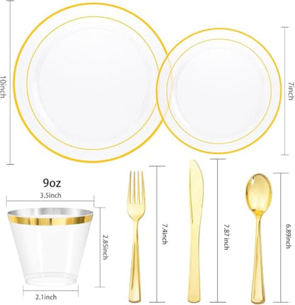 bUCLA 150Pcs Clear Gold Plastic Dinnerware Set - Clear and Gold Disposable Plates Include 25 Dinner / 25 Dessert Plates,25 Knives,25 Forks,25 Spoons,25 Cups for Party - color: Clear Gold
