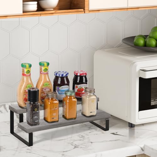 YINMIT Wooden Display Riser Stand, Tiered Perfume and Cologne Organizer Stand, 2 Tier Spice Rack Organizer, Rustic Display Shelf for Candles (2 Tier,Grey) - color: 2 Tier,1 Pack,Grey