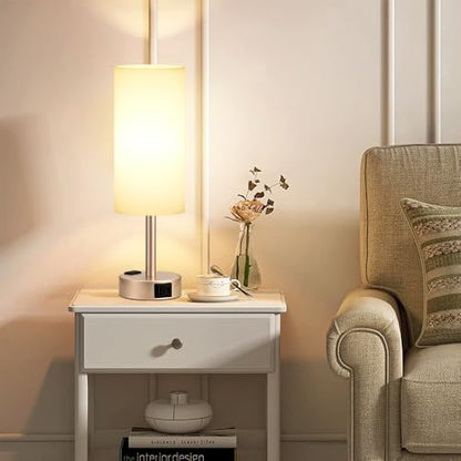 Antique White Bedside Table Lamp, Dimmable Touch Lamp, USB A+C, AC Outlet - color: White - Antique White, size: 14"