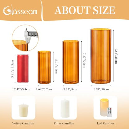 Glasseam Hurricane Glass Candle Holders, 6 Pcs Amber Ribbed Flower Vase Set - color: Amber