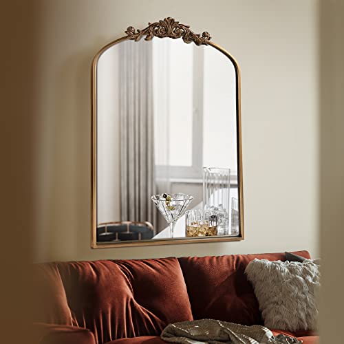 OUSHUAI Gold Brass Mirror for Wall,Gold Traditional Vintage Ornate Baroque Mirrors,Victorian Antique Bronze Mirrors with Full Matel Frame,Arched Mirror for Entryway/Bathroom/Fireplace 24"X36" - color: Retro Gold, size: 36"L x 24"W