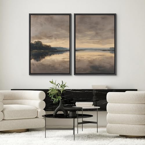 SIGNWIN Framed Canvas Print Wall Art Set Moody Sunset Lake Reflection Landscape Illustrations Modern Art Minimal Boho Relax/Calm for Living Room, Bedroom, Office - 16"x24"x2 Black - color: A29-2604-m09, size: 16"x24"x2 Panels Black