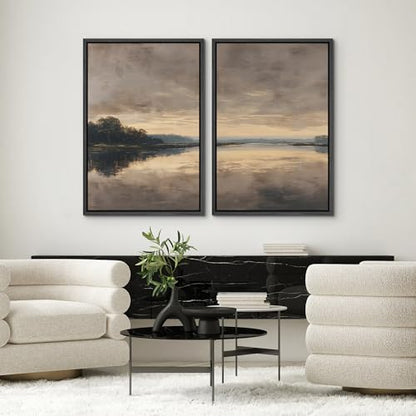 SIGNWIN Framed Canvas Print Wall Art Set Moody Sunset Lake Reflection Landscape Illustrations Modern Art Minimal Boho Relax/Calm for Living Room, Bedroom, Office - 16"x24"x2 Black - color: A29-2604-m09, size: 16"x24"x2 Panels Black